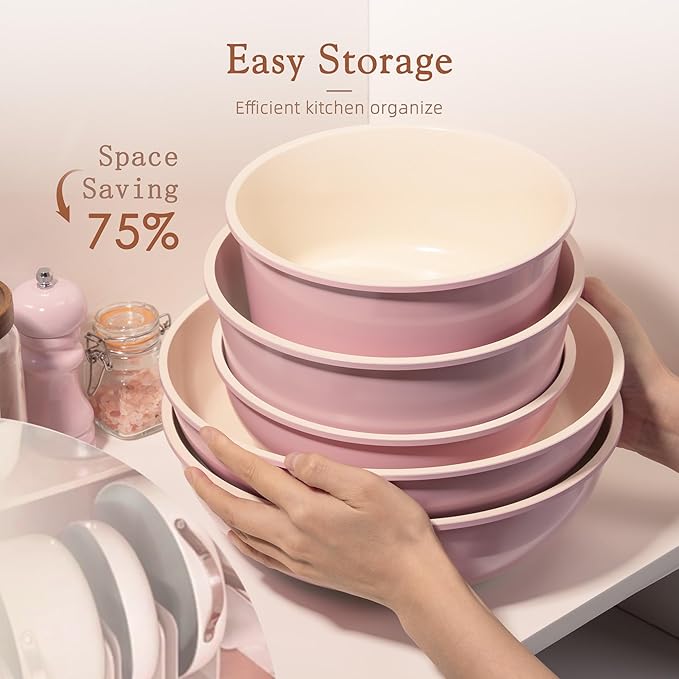 Astercook 21 Pcs Pots and Pans Set Non Stick, Ceramic Cookware Set Detachable Handle, RV Kitchen Cooking Set Removable Handles, Oven Safe, Induction Ready, Stackable, Pink, Mothers Day Gifts - Image 6