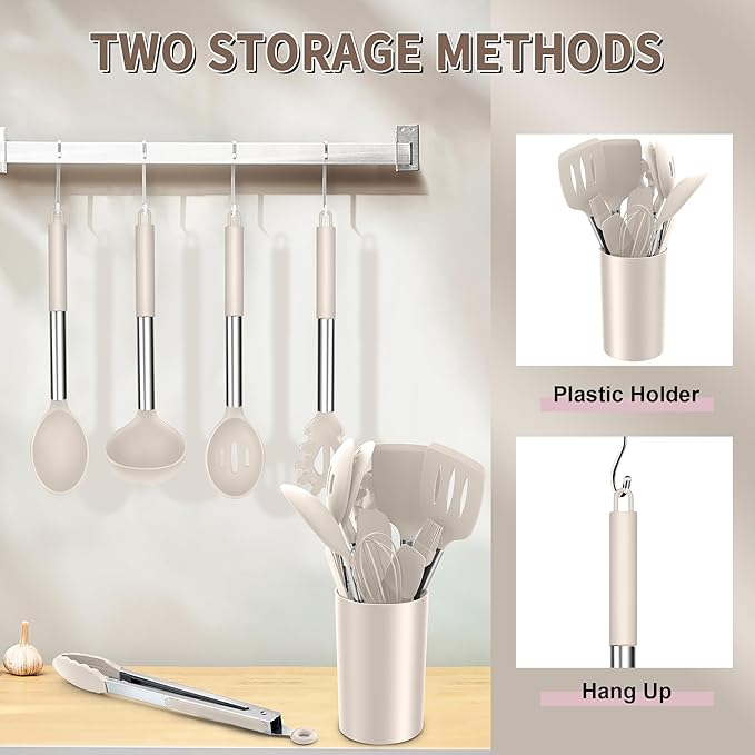 E-far Silicone Cooking Utensils Set, 14-Piece Khaki Kitchen Utensils Set with Holder, Kitchen Tools Spatulas with Stainless Steel Handle for Non-stick Cookware, Heat Resistant & Dishwasher safe - Image 6