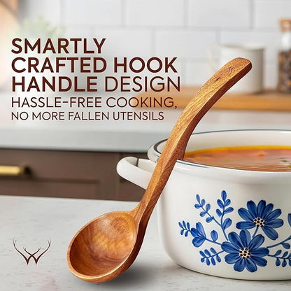 4Pcs Wooden Ladle Set – Teak Wood Soup Spoons with Hook Handles for Cooking, Serving, Stirring – Non-Stick Wooden Spoons for Pot & Bowl Use