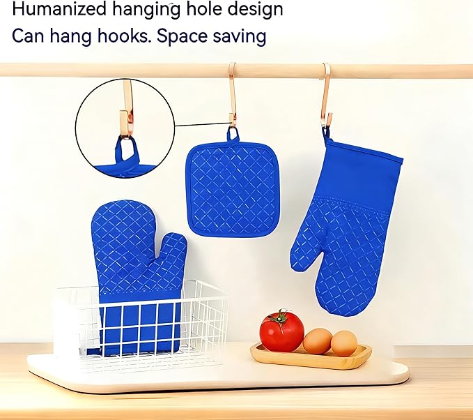 Oven Mitts and Pan Racks 4-Piece Set, Extended Kitchen Oven Mitts and Pan Racks, Heat Resistant 500 °F, Silicone Non-Slip Surface for Baking and Cooking (Blue) - Image 5