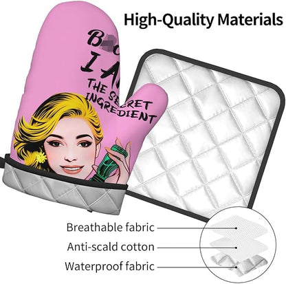 Cute Pink Oven Mitts and Pot Holders Set of 3, Heat Resistant Non-Slip Funny Hot Pad and Kitchen Gloves, Spring Funny Gifts for Cooking Lovers Women, Fun Kitchen Decor for Baking Cooking Grilling - Image 8