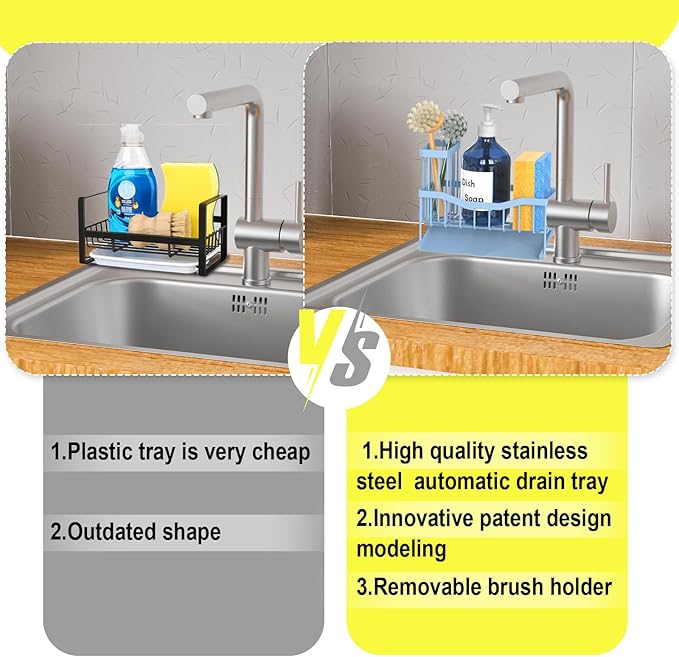 Fssvcd Maifan Sink Caddy Sponge Holder for Kitchen with Brush Holder and Stainless Steel Self Drain Tray, Rustproof Kitchen Sink Organizer for Sponge, Soap Dispenser Storage Accessories - Image 4