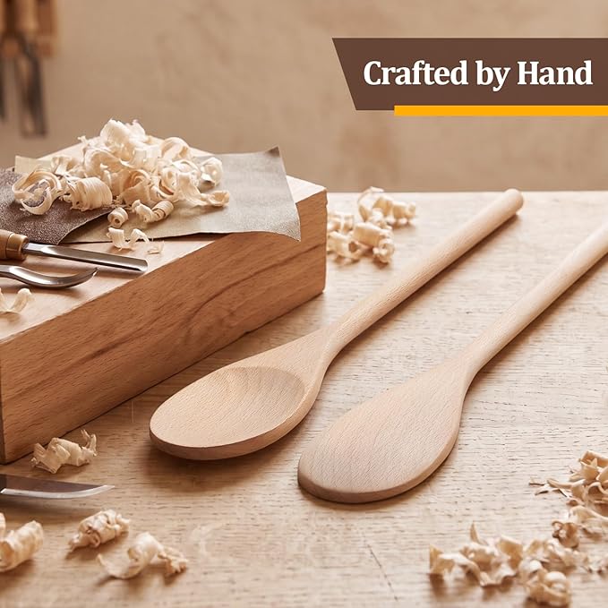 12 Pcs Wooden Spoons for Cooking, MORGLES 10-Inch Serving Spoons for Stirring Mixing Serving Long Handle Plastic Free Reusable Non Scratch Dishwasher Safe