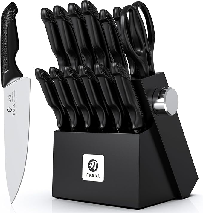imarku 14-Piece Premium Knife Block Set, Black Kitchen Knife Set with Block and Build-in Sharpener, High-Carbon Stainless Steel Knives for Lasting Sharpness, Dishwasher Safe, Gift for Men by imarku