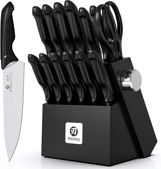 imarku 14-Piece Premium Knife Block Set, Black Kitchen Knife Set with Block and Build-in Sharpener, High-Carbon Stainless Steel Knives for Lasting Sharpness, Dishwasher Safe, Gift for Men by imarku