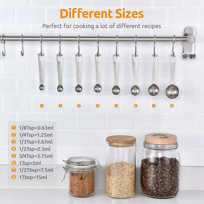 Measuring Spoons: U-Taste 18/8 Stainless Steel Measuring Spoons Set of 8 Piece: 1/8 tsp, 1/4 tsp, 1/3 tsp, 1/2 tsp, 3/4 tsp, 1 tsp, 1/2 tbsp & 1 tbsp Dry and Liquid Ingredients - Image 2