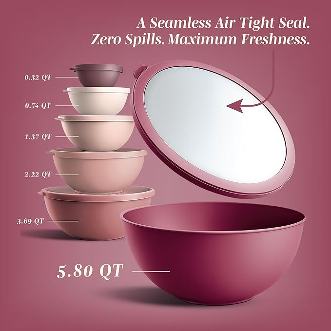 COOK WITH COLOR Mixing Bowls with Lids - 12 Piece Plastic Nesting Bowls Set includes 6 Prep Bowls and 6 Lids, Microwave Safe Mixing Bowl Set, Rose TPR Lid - Image 2
