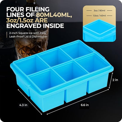 Large Ice Cube Trays for Whiskey, Silicone Ice Cube Tray, with Reinforced Steel Ring Top, Makes 12 perfect 2-in ice cubes, Square Ice Tray for Cocktails, Whiskey, Coffee. (2 Pack)