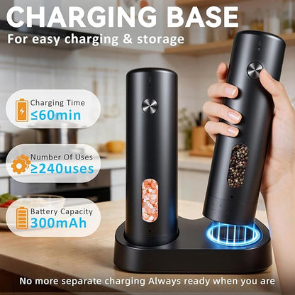 Electric Salt and Pepper Grinder Set with Dual Charging Base, Rechargeable Automatic Pepper Mill, 110ml Large Capacity, Adjustable Coarseness, One-Handed Operation for Kitchen, BBQ, Gift