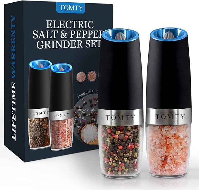 Gravity Electric Salt and Pepper Grinder Set White Elephant Gifts for Women Who Have Everything Grilling Men Kitchen Gadgets Housewarming Holiday Cooking Adults Idea Battery Operated Shakers Automatic by TOMTY