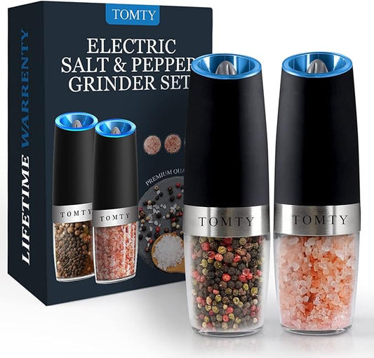 Gravity Electric Salt and Pepper Grinder Set White Elephant Gifts for Women Who Have Everything Grilling Men Kitchen Gadgets Housewarming Holiday Cooking Adults Idea Battery Operated Shakers Automatic by TOMTY