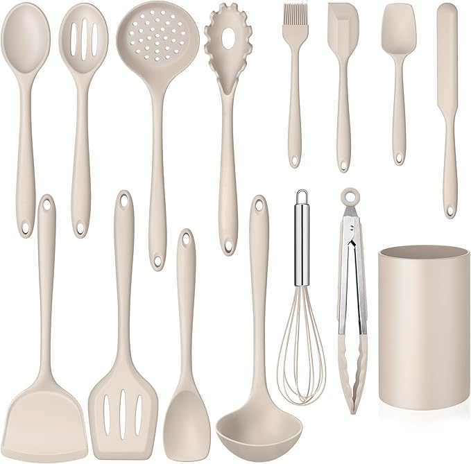 15-Piece Kitchen Cooking Utensils Set with Holder, Homikit Heat Resistant Food Grade Silicone Kitchen Utensils include Slotted Spatula Ladle Turner for Nonstick Cookware, Dishwasher Safe- Khaki by Homikit