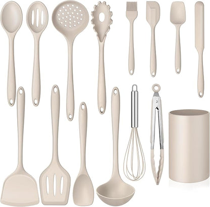 15-Piece Kitchen Cooking Utensils Set with Holder, Homikit Heat Resistant Food Grade Silicone Kitchen Utensils include Slotted Spatula Ladle Turner for Nonstick Cookware, Dishwasher Safe- Khaki by Homikit