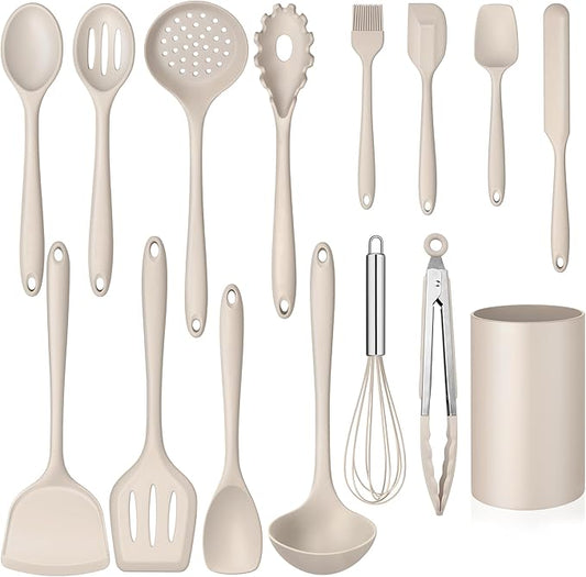 15-Piece Kitchen Cooking Utensils Set with Holder, Homikit Heat Resistant Food Grade Silicone Kitchen Utensils include Slotted Spatula Ladle Turner for Nonstick Cookware, Dishwasher Safe- Khaki by Homikit