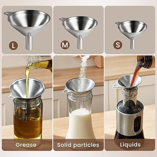 Supercenter Kitchen Funnel, Stainless Steel Mini Funnel, Set of 3, Perfect for Transferring Liquids, Oils, Powders, Spices, with Round Ring and Cleaning Brush