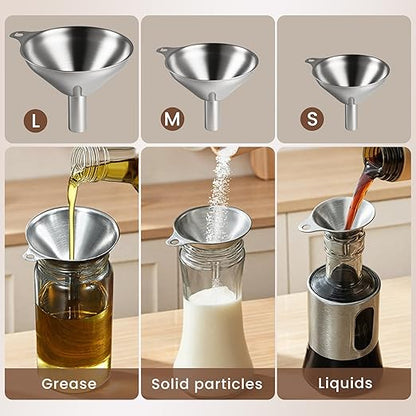 Supercenter Kitchen Funnel, Stainless Steel Mini Funnel, Set of 3, Perfect for Transferring Liquids, Oils, Powders, Spices, with Round Ring and Cleaning Brush