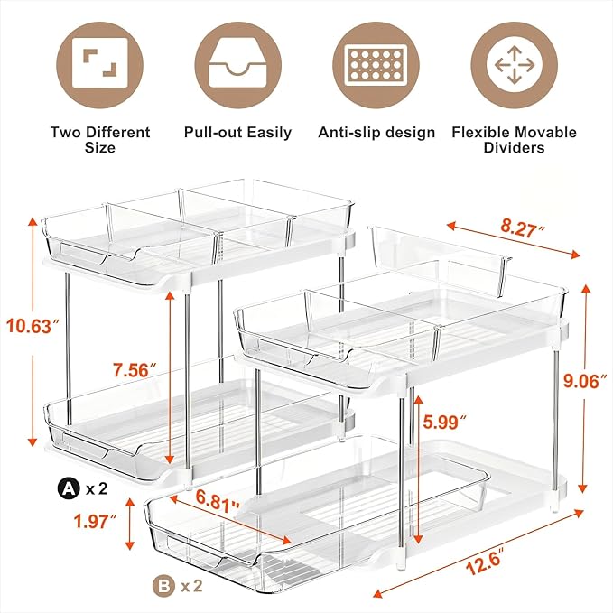 Delamu 2-Tier Multi-Purpose Bathroom Under Sink Organizers and Storage, Stackable Kitchen Pantry Organization, Pull Out Medicine Cabinet Organizer with Movable Dividers, White, 4Pack - Image 2