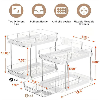 Delamu 2-Tier Multi-Purpose Bathroom Under Sink Organizers and Storage, Stackable Kitchen Pantry Organization, Pull Out Medicine Cabinet Organizer with Movable Dividers, White, 4Pack - Image 2