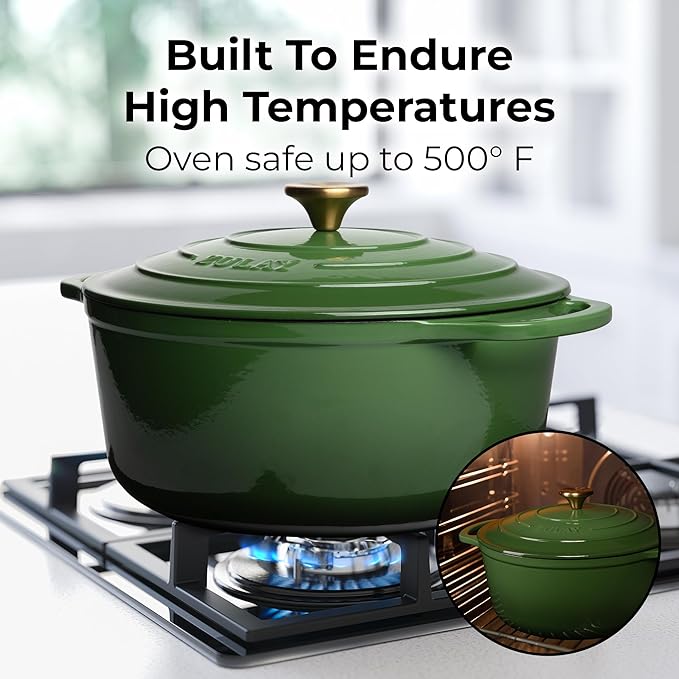 Zulay Kitchen 7.7 Quart Enameled Cast Iron Dutch Oven Pot with Lid – Premium Durability & Oven Safe up to 500°F – Heavy Duty Cookware Perfect for Bread Baking, Stews, Braising & Roasting – Green - Image 2