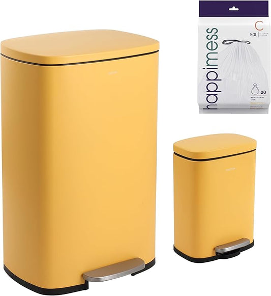 happimess HPM1006L Connor Rectangular 13-Gallon Trash Can with Soft-Close Lid and Free Mini Trash Can, Fingerprint Resistant, Modern, Minimalistic for Home, Kitchen, Office, Bathroom, Daffodil Yellow by Happimess