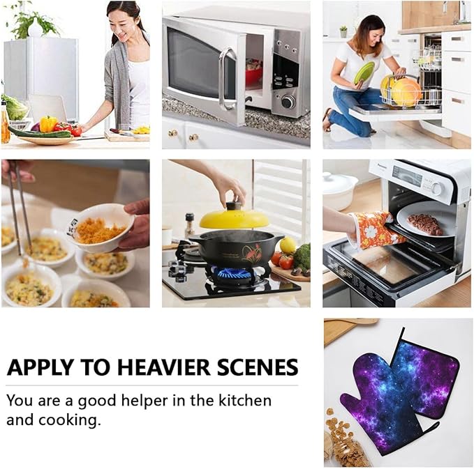 Cool Blue Purple Galaxy Oven Mitts and Pot Holders Sets of 4, Heat Resistant Silicone Oven Mittens and Potholders Gloves Hot Pads for Kitchen Cooking Baking Grilling BBQ Chef - Image 8