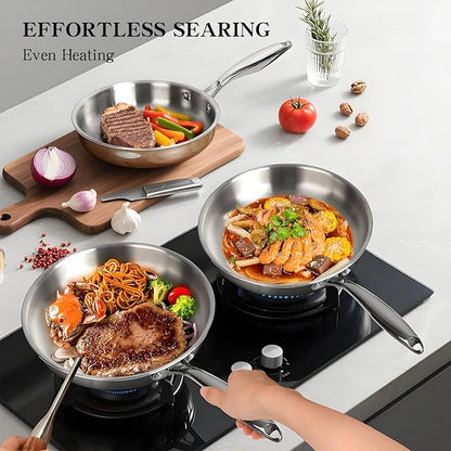 EWFEN Stainless Steel Cookware Set, 3 Ply 17 Piece Stainless Steel Pot and Pan Set, Oven Dishwasher Safe | Induction Compatible Frying Pans, Saucepans, Saute Pan & Stock Pot, PFOA, PTFE & PFOS Free - Image 4