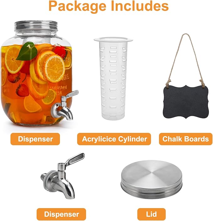 2 Gallon Glass Beverage Dispenser with Lid, Stainless Steel Spigot, Glass Drink Dispensers for Parties, Lemonade Dispenser With Ice Cylinder for Weddings, Party,Sun Tea Jar, Water Juice Dispensers - Image 4