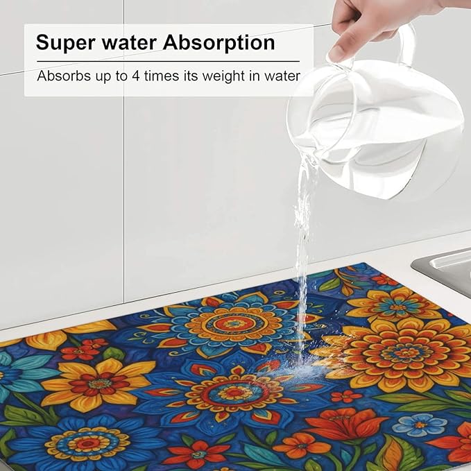 Colorful Mandala Dish Drying Mats for Kitchen Counter, Large 18"x24" Dish Mats for Drying Dishes, Microfiber Absorbent Dish Drying Pad Rack Mat Kitchen Decor Reusable Washable