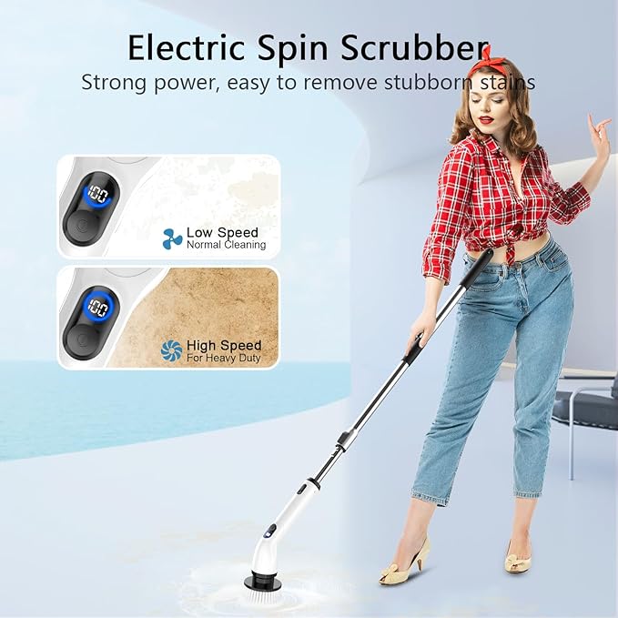 TUYU Electric Spin Scrubber, Full-Body IPX7 Waterproof Bathroom Scrubber with Power LCD Display, 8 Replacement Head, Adjustable Extension Handle, Cordless Shower Cleaner Brush for Bathtub Cleaning - Image 2