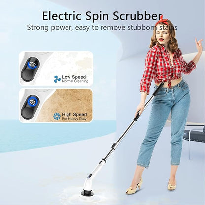 TUYU Electric Spin Scrubber, Full-Body IPX7 Waterproof Bathroom Scrubber with Power LCD Display, 8 Replacement Head, Adjustable Extension Handle, Cordless Shower Cleaner Brush for Bathtub Cleaning - Image 2