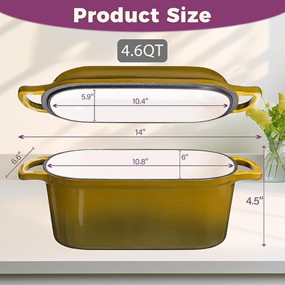 4.6-Quart Oval Dutch Oven for Bread Baking, 2 in 1 Cast Iron Bread Pan with Lid, Sourdough Bread Dutch Oven for a Crispy Crust, Olive