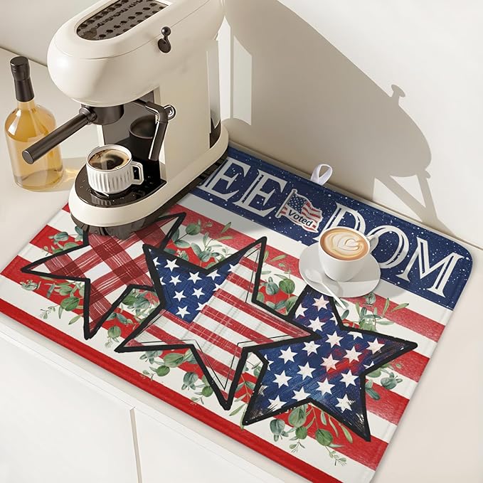 4th of July Dish Drying Mat 24x18 Inch, Patriotic Drying Mat with Absorbent Reversible Microfiber, Independence Day Dish Drainer Mats Memorial Day Rack Pad for Coffee Countertop Kitchen Protector