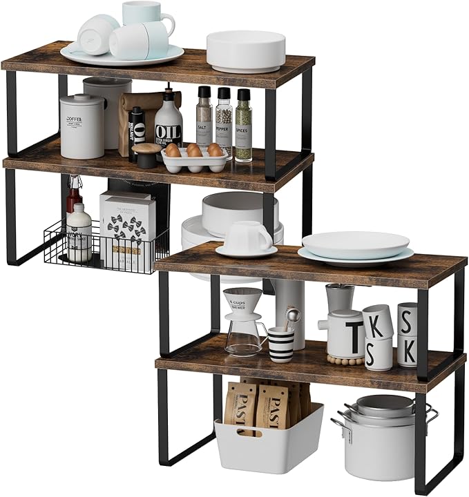 OGEMXU Cabinet Shelf Organizers, 15.7 inches Large Kitchen Counter Shelf, Set of 4 Wood Kitchen Pantry Organizer, Storage Shelves for Countertop, Spice Rack, Stackable, Expandable, Metal Black, Brown - Image 3