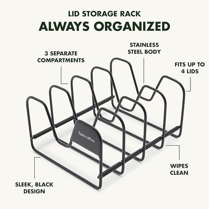 GreenPan Stainless Steel Wire Pots and Pans Lid Storage Rack, Holds 4 Lid Covers, Easy Storage, Countertop or Cabinent Organizer, Minimizes Clutter, Fast Drying, Wipes Clean, Black