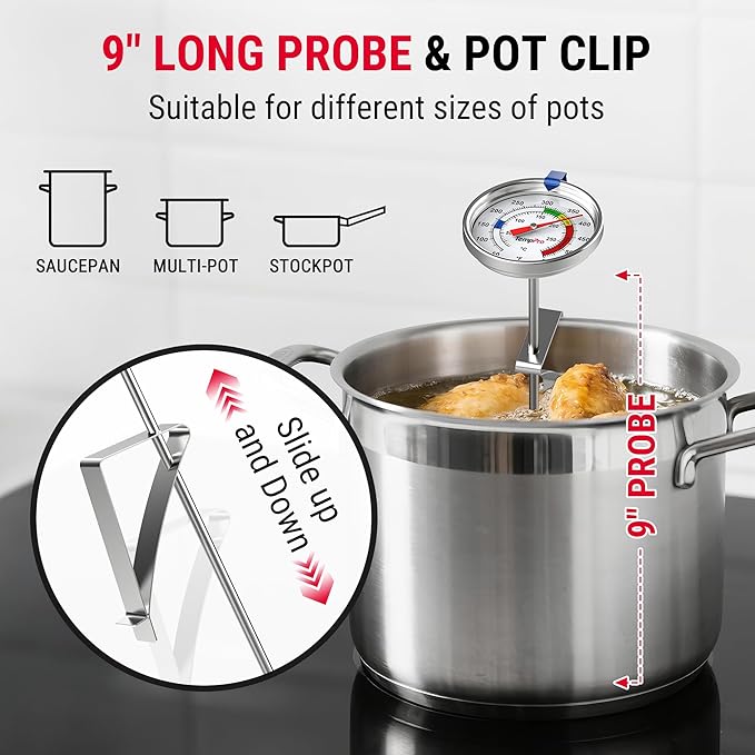 TempPro Candy Thermometer with Pot Clip, 9" Long Probe Deep Fry Oil Thermometer for Frying & Candy Making, Fryer Cooking Thermometer for Chocolate, Caramel, Brewing & Baking (Previously ThermoPro) - Image 3