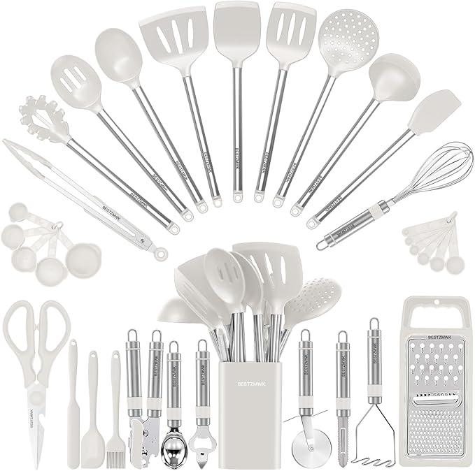 Kitchen Utensil Set-Silicone Cooking Utensils-33 Kitchen Gadgets & Spoons for Nonstick Cookware-Silicone and Stainless Steel Spatula Set-Best Kitchen Tools, Useful Pots (Cream White) by BESTZMWK