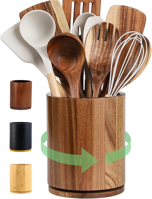 Wooden Utensil Holder, 360°Rotating 7.3'' Large Utensil Holder for Kitchen Counter, Kitchen Utensil Organizer, Utensil Crock, Farmhouse Kitchens Countertop Decor, Acacia Wood by Unknown