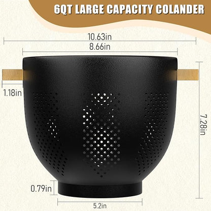 Colander for Kitchen - Strainers and Colanders - 6 Quart Large Metal Colander with Wood Handle - Food Strainer Basket for Draining Pasta, Vegetable & fruit, Kitchen Gadgets Matte Black