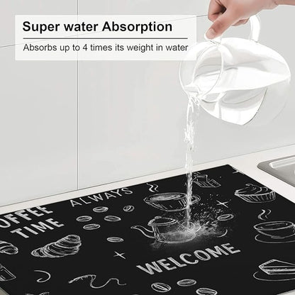 Black Ink Dish Drying Mats for Kitchen Counter, Large 18"x24" Dish Mats for Drying Dishes, Microfiber Absorbent Dish Drying Pad Rack Mat Kitchen Decor Reusable Washable
