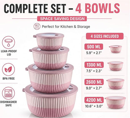 Mixing Bowls with Lids, 8-Piece Airtight Leak-Proof Nesting BPA-Free Bowl Set for Kitchen & Food Storage, Large 4200ml Capacity, Microwave & Dishwasher Safe