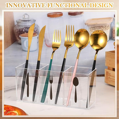 Suzile Acrylic Cutlery Storage Organizer Bin Silverware Caddy Countertop Knife Spoon and Fork Holder Kitchen 3 Section Tableware Storage Box for Cabinet Indoor Home Flatware Dining Room (Clear,M) - Image 4