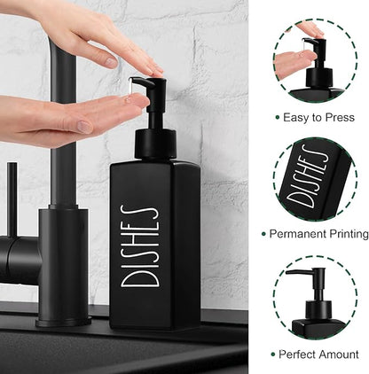 Hand and Dish Soap Dispenser Set, Matte Black Dish Dispenser Bottle for Kitchen, Glass Kitchen Soap Dispenser Set with Pump, Refillable Liquid Soap Bottle, Farmhouse Kitchen Decor, 12.3fl oz - Image 3