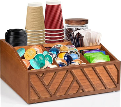 ugiftt Coffee Station Organizer for Counter, Wood Pods Holder Storage Basket, Tea Condiment Storage Organizer, Rustic Coffee Bar Decor for Accessories Organizer by ugiftt