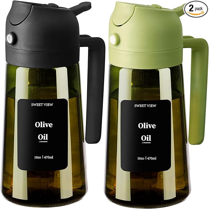SWEET VIEW 2PCS Olive Oil Dispenser and Oil Sprayer – 16oz/470ml Glass Light-Proof Oil Pourer for Kitchen Air Fryer, Cooking, Salad, and BBQ, with Stickers by SWEETVIEW
