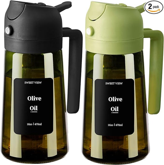 SWEET VIEW 2PCS Olive Oil Dispenser and Oil Sprayer – 16oz/470ml Glass Light-Proof Oil Pourer for Kitchen Air Fryer, Cooking, Salad, and BBQ, with Stickers by SWEETVIEW