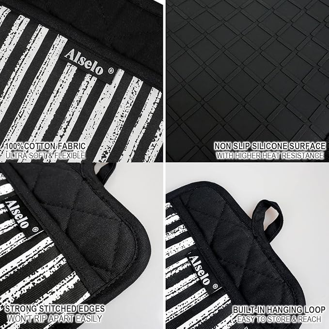 Alselo Silicone Pot Holders Set of 3 Heat Resistant & Non Slip Potholders, Professional Oven Hot Pads with Pockets Mitts for Kitchen Cooking Baking Barbecue (3, Black) - Image 3
