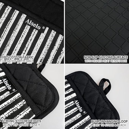 Alselo Silicone Pot Holders Set of 3 Heat Resistant & Non Slip Potholders, Professional Oven Hot Pads with Pockets Mitts for Kitchen Cooking Baking Barbecue (3, Black) - Image 3