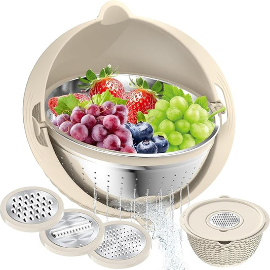 4-1 Colander with Bowl Set, Food Strainers and Colanders, Fruit Washing Bowl with Strainer, Rotatable Colander for Kitchen, Aesthetic Kitchen Gadget, Christmas & New Year Gifts - Beige by STOCKPOT