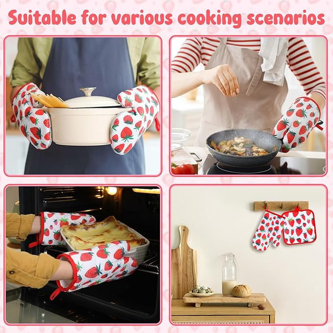 4 Pcs Oven Mitts and Pot Holders Cute Strawberry Oven Gloves and Pot Holders Non Slip Heat Resistant Ovens Mitts for Cooking Baking Accessories Fruit Themed Kitchen Linens, 6"x12" - Image 4