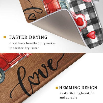 Valentine's Day Red Heart Truck Dish Drying Mat for Kitchen Counter,Black White Buffalo Plaid Love Drying Mat 18 x 24 Inch with Absorbent Reversible Microfiber Dish Drying Pad for Coffee Bar - Image 3